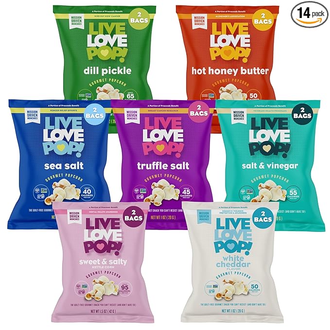 Live Love Pop Variety Pack Flavored Gourmet Popcorn, 1.0 Oz (Pack of 14), Individual Snack Size Bags, Healthy Snack, Gluten Free, Vegan & Non-GMO, Mission Driven Munchies