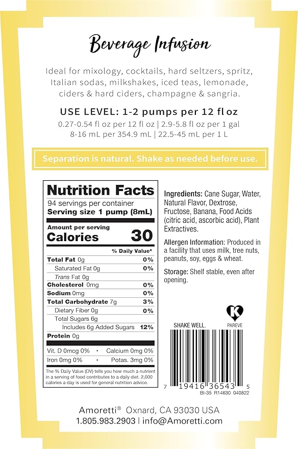 Amoretti - Banana Beverage Infusion, 94 Servings Per Bottle (750 ml) - Drink Mix & Water Enhancer with Pump for Flavoring Cocktails, Waters, Teas, and other Beverages, Preservative Free