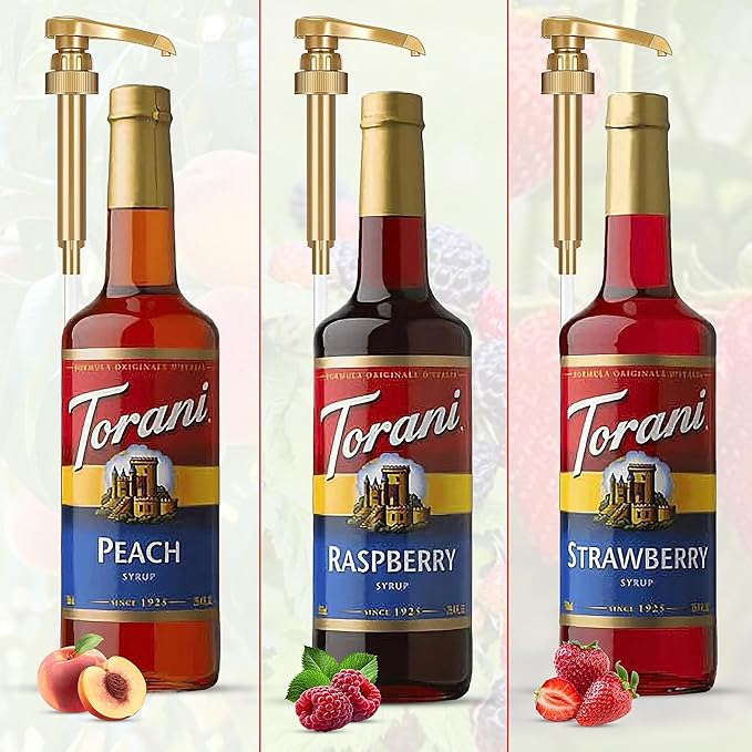 Raspberry, Strawberry, Peach Syrup - Fruit Flavors For Italian Soda Flavoring - 3 Pack with 3 Jimoco Pump Dispensers