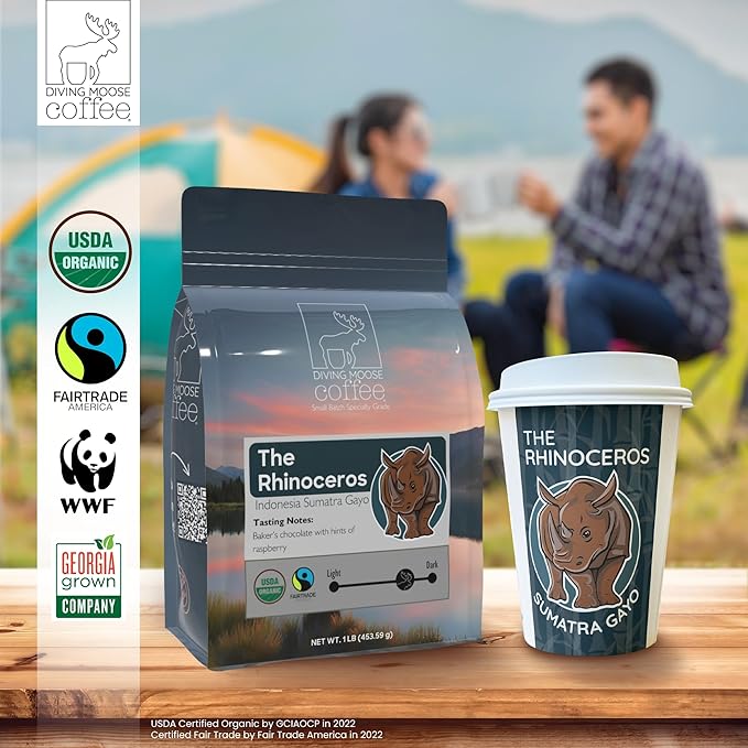 Diving Moose Coffee - The Rhinoceros Sumatra Gayo USDA Organic Medium Dark Roast (16oz / 1 LB) - Bakers Chocolate Raspberry Specialty Grade 100% Arabica Small-Batch Roasted to Order Smooth Not Bitter