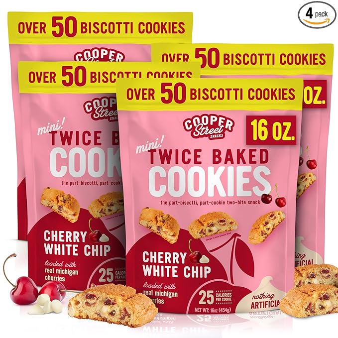 Cooper Street Twice-Baked Cherry White Chip Biscotti Cookies (16 oz Pack of 4) – Over 50 Biscotti Cookies per Bag Loaded with Real Fruit, Traditional Italian Style Snacks - Dairy, Peanut & Soy Free