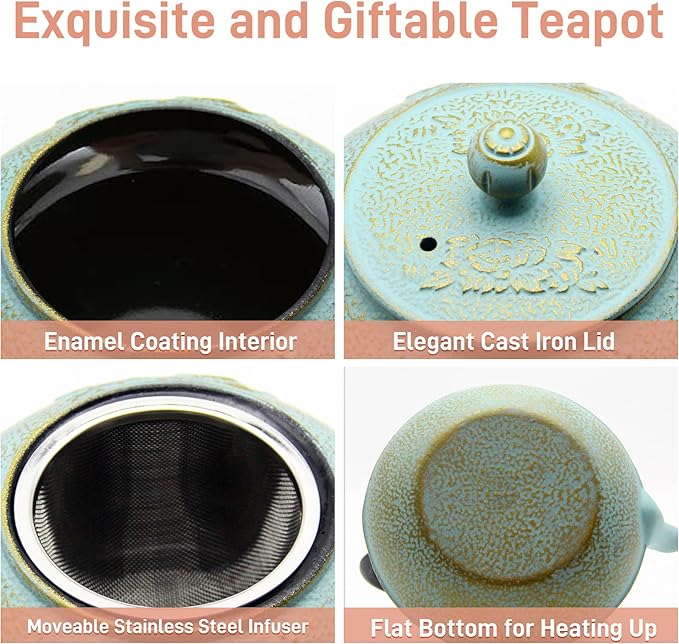 30.4oz Small Cast Iron Tea Kettle,SECHUDO Tea Pot Coated with Enameled Interior for Loose Tea, Cute Cast Iron Teapot with Stainless Steel Infuser for Stovetop Safe (900ml)