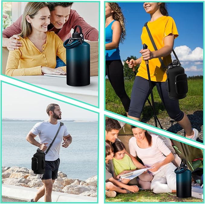 1 Gallon Water Bottle Stainless Steel - 128oz Insulated Flask Water Bottle with Sleeve Strap, Big Water Jug with Straw & Spout Lid, Gym Camping Gallon Water Bottle w/Paracord Handle, protective Boot