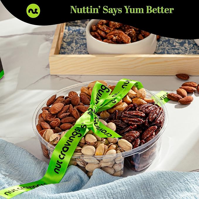 NUT CRAVINGS - Thanksgiving Mixed Nuts Gift Basket + Green Ribbon (4 Assortments) Holiday Xmas Christmas Food Arrangement, Healthy Snack Care Package, Food Assortments