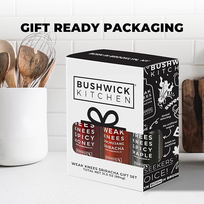 Bushwick Kitchen Spicy Sampler Gift Box, Set Includes our Gochujang Sriracha, Spicy Maple Syrup, and Spicy Honey Hot Sauces, 5 Recipes, Chile Pepper Dish Towel, and Bushwick Kitchen Gift Box
