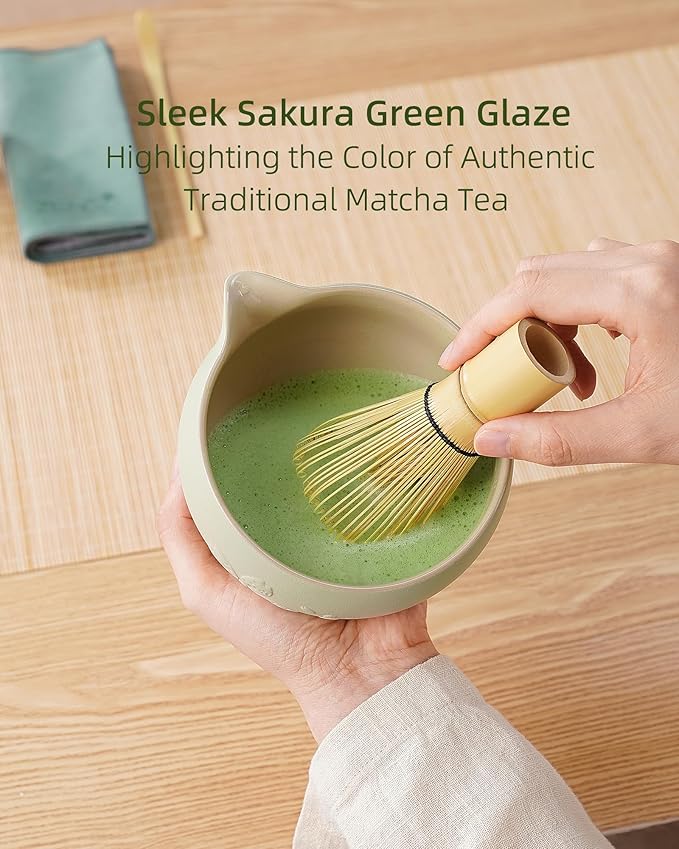 ZENS Matcha Whisk Set, Ceramic Matcha Tea Set with 15oz Sakura Bowl and Bamboo Whisk & Scoop, (Chasen Holder), Stainless Sifter-Tea Towel, 6pcs Matcha Kit for Matcha Lovers, Green