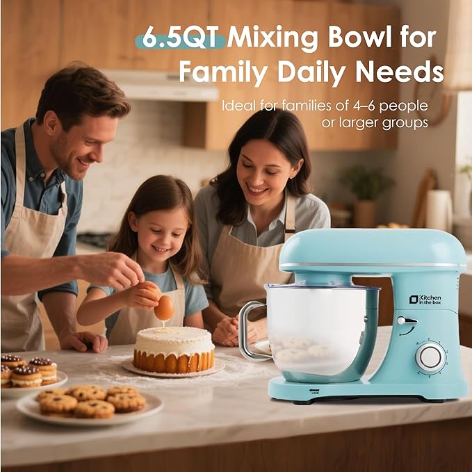Kitchen in the box Stand Mixer - 900W Kitchen Mixer with Bowl 6.5 QT,Bread Dough Standing Mixers Tilt-head with Dough Hook, Whisk, Flat Beater and Splash Guard (Blue)