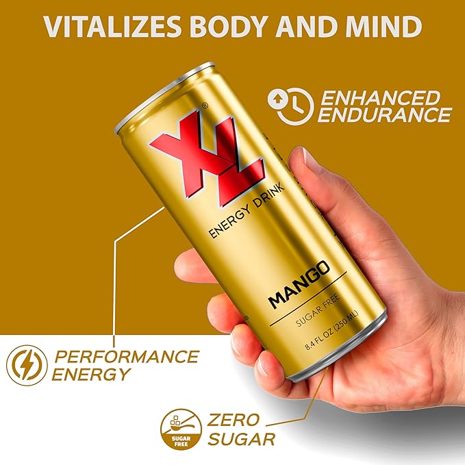 XL Energy Drinks Sugar Free 24 pack Mango Flavor Zero Sugar Energy Drinks - Boost Focus and Energy with Sugar Free Energy Drinks - Pre Workout Drink, Carbonated Mango Energy Drink - Sugar Free Drinks