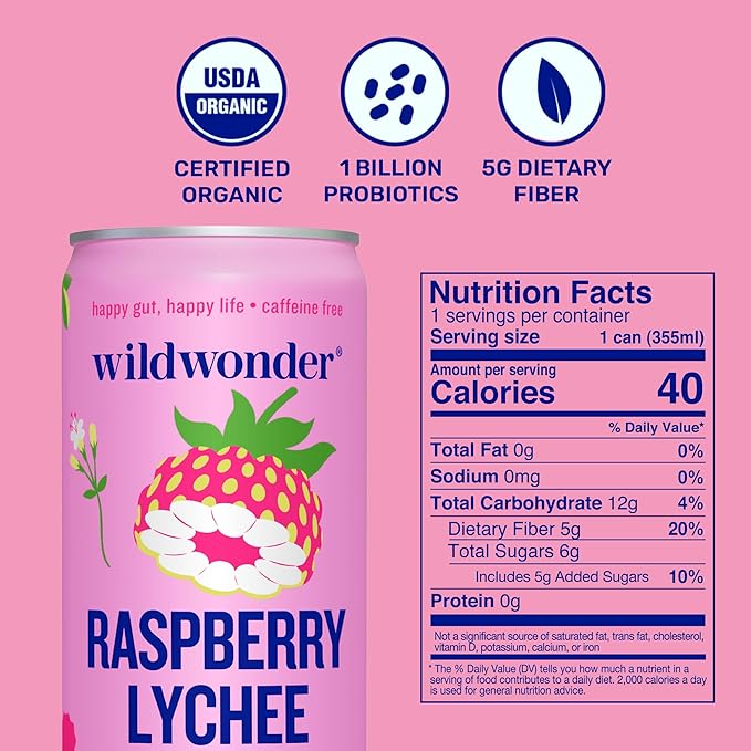 NEW! wildwonder Sparkling Probiotic Drink 12pk, For Gut Health & Immune Support, Raspberry Lychee, 5g Prebiotic Fiber, Live Probiotics, Organic, Vegan, Low Sugar, 12 Pack, 12oz Can, Seen on Shark Tank