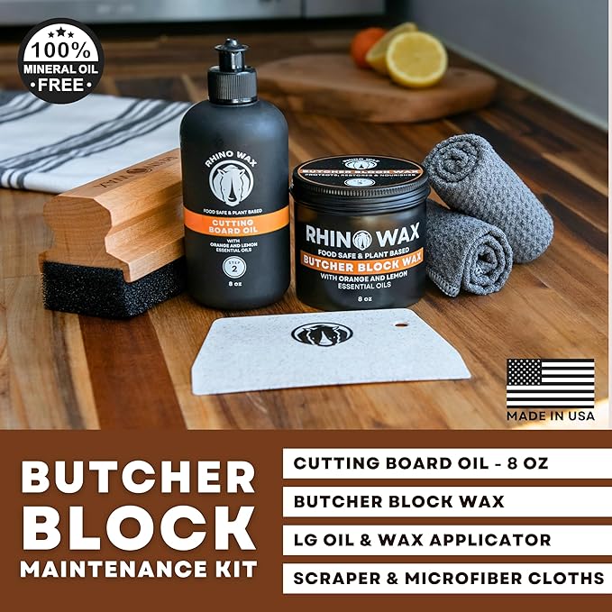Butcher Block Maintenance Kit - Includes Cutting Board Oil, Wax (Large 8oz Size), Bench Scraper, Large Applicator, 2 Microfiber Cloths - Natural and Food Safe - Made in USA