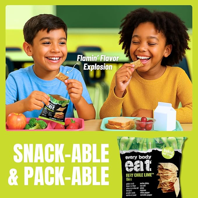 Every Body Eat Snack Thins, Gluten & Dairy Free, Vegan, School Safe Lunch Snacks, Fiery Chile Lime (20 Single Serve Bags, 1.1oz)