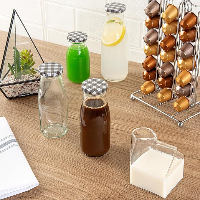Restaurantware French Countryside 11 Ounce Glass Bottles 10 Durable Juice Bottles - With Black Plaid Lid Dishwashable Clear Glass Countryside Bottles For Hot And Cold Beverages
