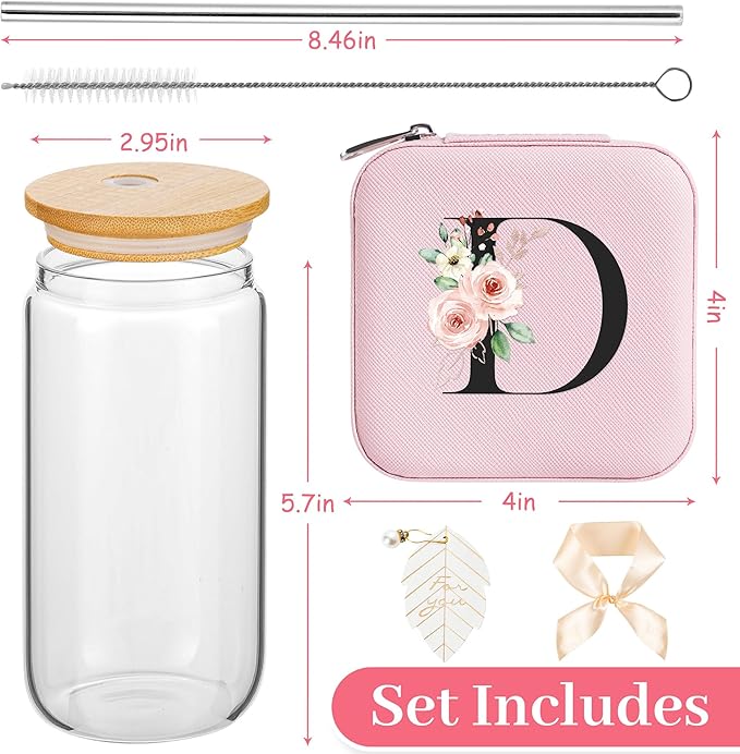 AYGXU Jewelry Box & Glass Set, Pink, Personalized Initial, Small Travel Case, Graduation Gift for Girls