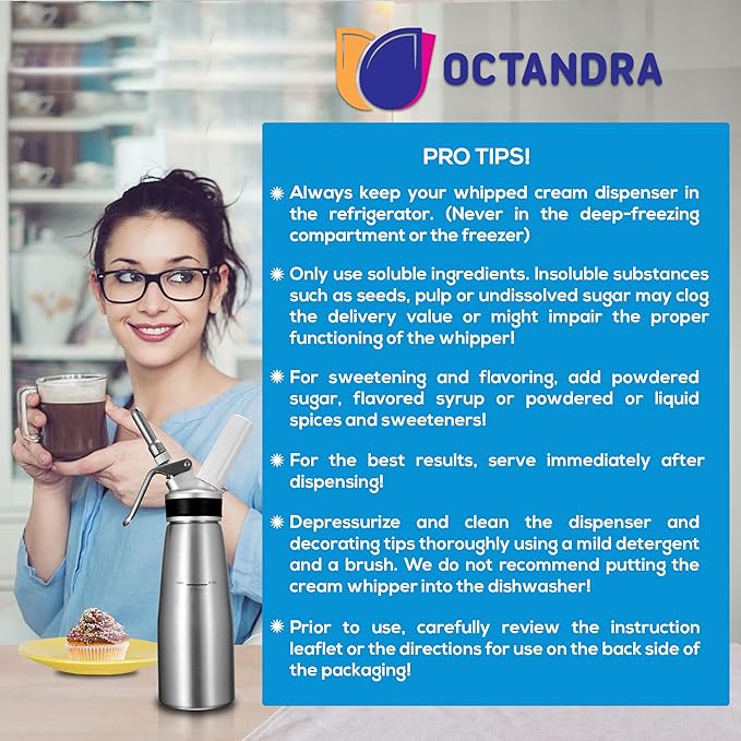 OCTANDRA Professional Whipped Cream Dispenser – 1 Pint Aluminum Whipper Canister - Whipping Siphon - Whip Cream Maker with 3 Stainless Steel Tips, 2 Charger Holders, Brush & Storage Cap