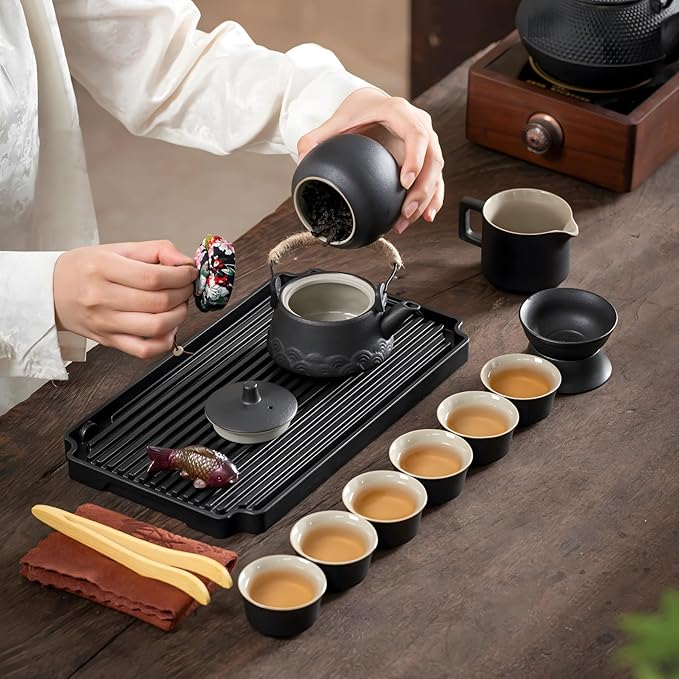 ICHAG Japanese Tea Set, Chinese Tea Sets for Adults, 15-Piece Porcelain Gongfu Tea Set with Tea Pet & Tea Tray, Japanese Teapot Set, Travel Tea Party Set, for Home/Office/Outdoor/Gifts