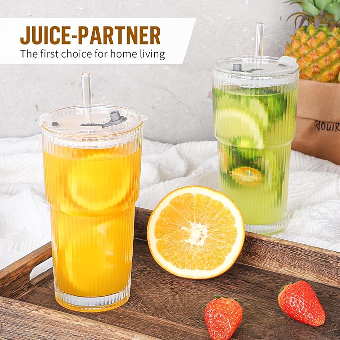 20 oz Glass Cup with Lid and Straw, Glass Tumbler with Straw and Lid, Vintage Glassware for Whiskey Cocktail Beer, Iced Coffee Cups with Lid (1 PACK)