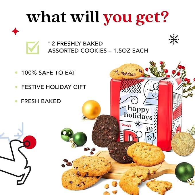 David’s Cookies Happy Holidays Assorted Cookies Gift Tin – 1lb Soft and Gourmet Christmas Cookies Tin – Freshly Baked Holiday Cookies Gift Basket - All Natural and Handmade Christmas Cookies