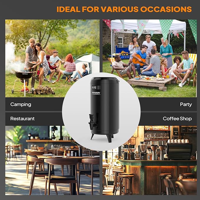 ROVSUN 3.2 Gallon Insulated Beverage Dispenser, Stainless Steel Hot and Cold Drink Dispenser, Ice and Hot Drink Server w/Spigot, Hot and Cold Beverage Server for Coffee, Tea, Milk & Juice