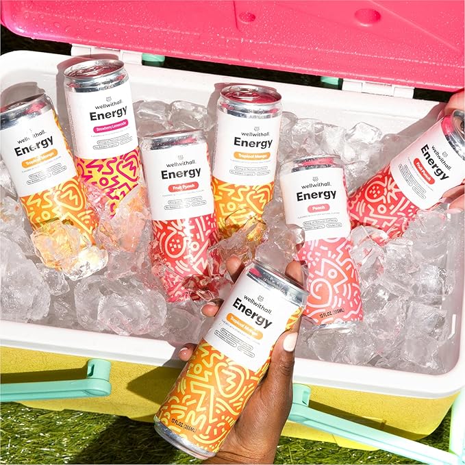 WellWithAll Energy Drink - Natural Caffeine from Tea - Healthy Energy Drink - Lightly Sparkling - Blend of Fruit and Veggie Juices - 12 Oz (Pack of 12) (12 Fl Oz (Pack of 12), Fruit Punch, Tropical Mango, Peach, and Strawberry Lemonade Variety Pack)