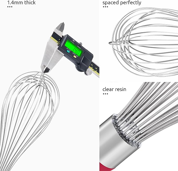 U-Taste Balloon Whisk for Cooking: 18/10 Stainless Steel Kitchen Wire Whisk, 12in Large Heavy Duty Egg Beater, Manual Mixing Tool with 12 High Flex Wires for Stirring, Blending Sauce (Red)
