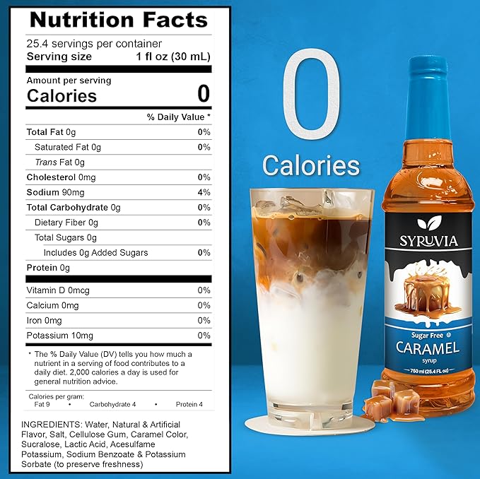 Syruvia Sugar Free Coffee Syrup, Caramel Flavored Syrup for Drinks, Lattes, and Desserts – 25.4 fl oz, With Pump