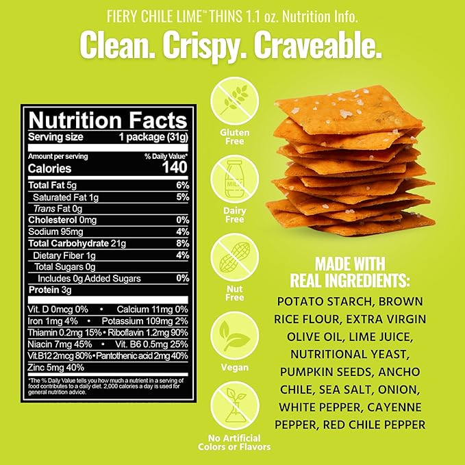 Every Body Eat Snack Thins, Gluten & Dairy Free, Vegan, School Safe Lunch Snacks, Fiery Chile Lime (20 Single Serve Bags, 1.1oz)