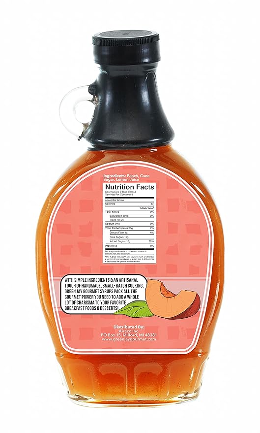 Green Jay Gourmet Peach Syrup - 3 Ingredient Premium Breakfast Syrup with Fresh Peaches, Cane Sugar & Lemon Juice - All-Natural, Non-GMO Pancake Syrup, Waffle Syrup & Dessert Syrup - 2 x 8 Ounces