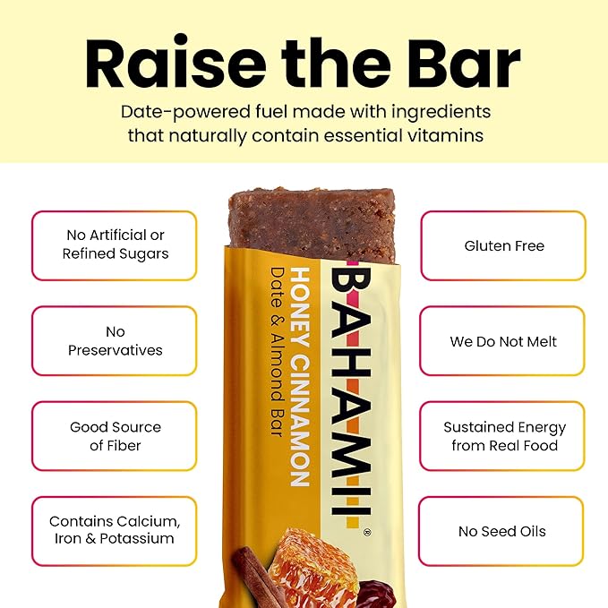 Bahamii Snack Bars, Made with Dates & Nuts, Healthy Snacks, Gluten Free, Good Source of Fiber, Only 7 Ingredients, For Kids & Adults, No Artificial Sweeteners, Dairy Free, 12 Pack, Honey Cinnamon