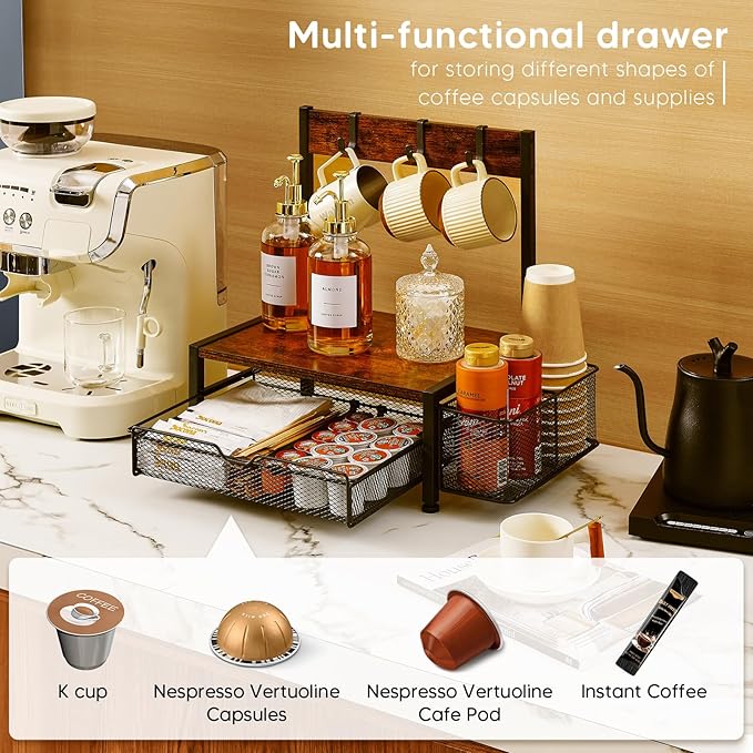 Coffee Bar Organizer with K Cup Holder,Coffee Pod Drawer Holder for 24 Pod Capacity, Storage Drawer with Dispoable Cups & Lids Holder, Coffee Bar Station Organier for Countertop, Kitchen