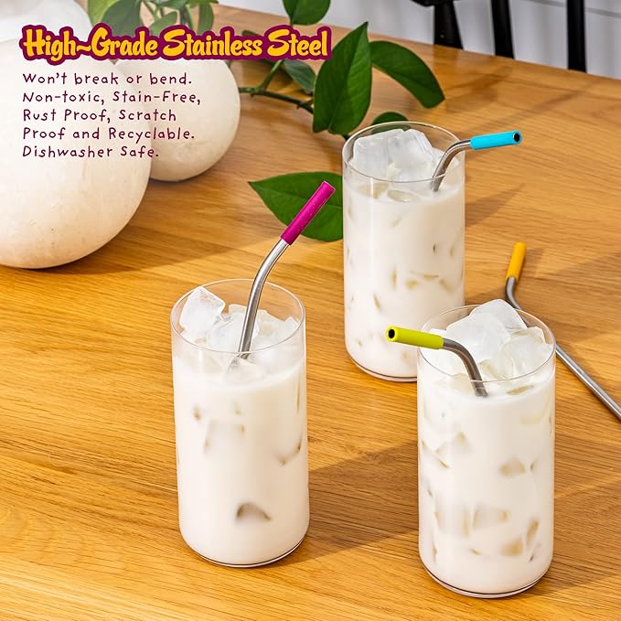 Premium Reusable Stainless Steel Drinking Straws With Silicone Tips + Patented Straw Cleaners and Carrying Case - 9” Long Metal With Curved Bend for 20/30/32oz Tumblers