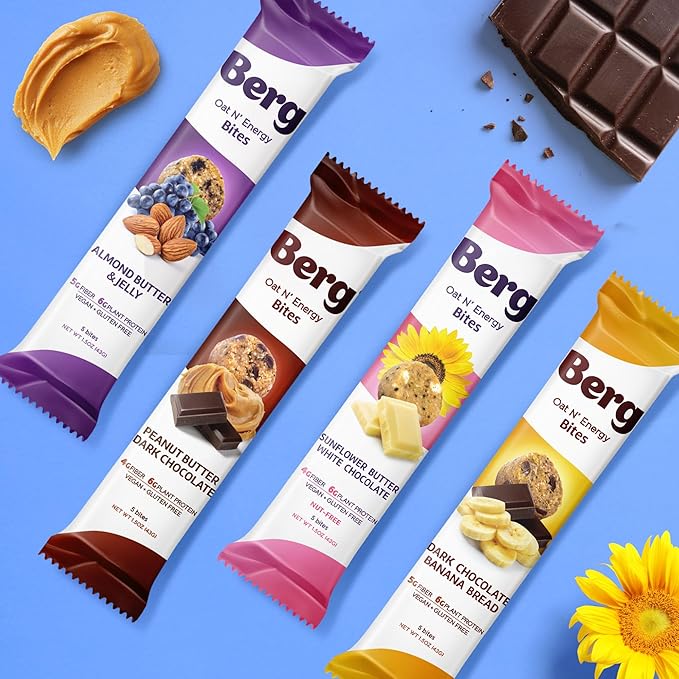 Berg Energy Bites Sunflower Butter & White Chocolate – Plant‑Based Protein Snack with 16 g Protein & 1 g Sugar – Vegan, Gluten‑Free, Low Sugar, High Fiber, Non‑GMO Prebiotic Bites – 1.5 oz (8 Pack)