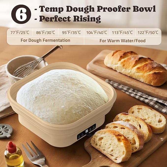 Heating Sourdough Starter Kit, 4L Electric Thermostatic Silicone Square Foldable Banneton Bread Proofing Basket with 6 Timer & Temp Settings for Dough Rising, Dishwasher Safe, Bread Making Kit