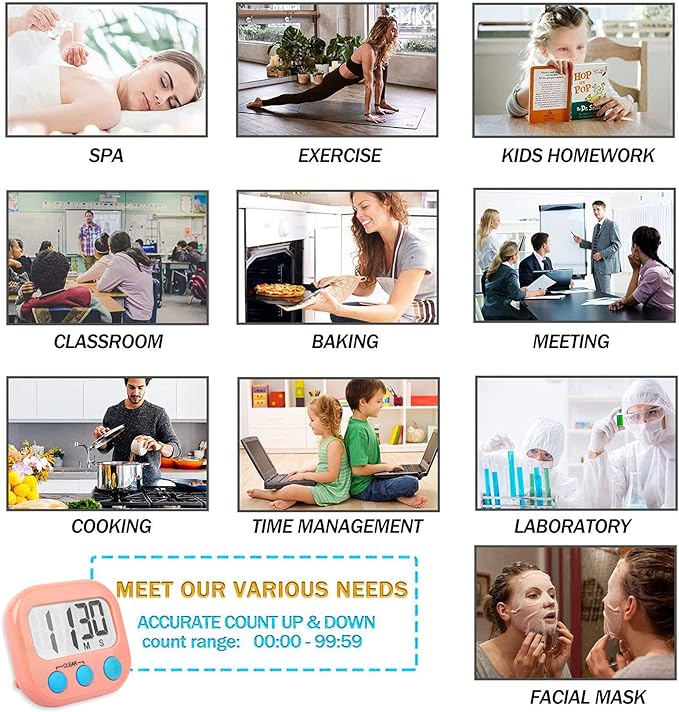 2 Pack Kitchen Timers Loud Ring Digital Timers for Cooking Magnetic Pink