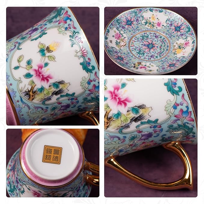 KAMMAK Tea Cups and Saucers Set of 2, Porcelain Coffee Cups with Saucer for Espresso, Cappuccino, 8oz Vintage Pink and Blue Ceramic Demitasse Mug for Home, Tea Party, Office