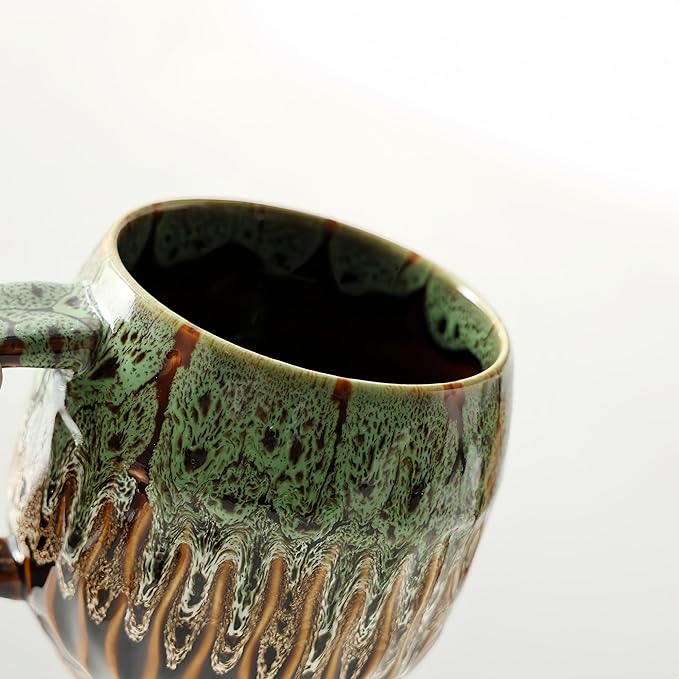 20oz Raku Glaze Coffee Mug - Unique Handcrafted Look Ceramic Cup, Large Tea Mug, Microwave & Dishwasher Safe (green)