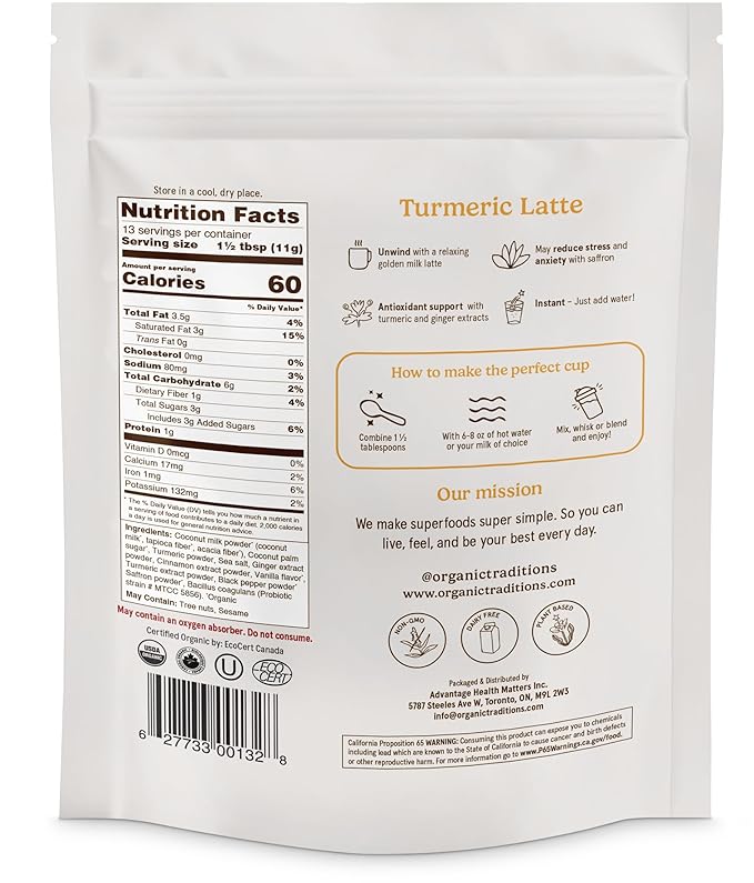 Organic Traditions Turmeric Latte – Creamy Coconut Milk Base – Saffron & Turmeric Blend – Easy to Mix – Sweetened with Coconut Palm Sugar – 1 Billion Probiotics per Serving - 150g/5.3oz Bag