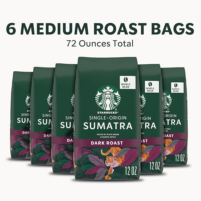 Starbucks Whole Bean Coffee, Dark Roast Coffee, Sumatra, 100% Arabica, 6 bags (12 oz each)