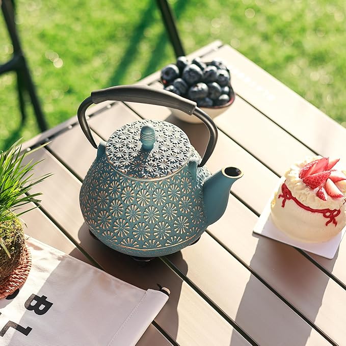 Cast Iron Teapot, 32oz Tea Kettle with Infuser for Stove Top, Sakura Blossom Pattern Japanese Tea Pot for Tea & Coffee Coated with Enameled Interior, Silicone Handle 950ml Blue