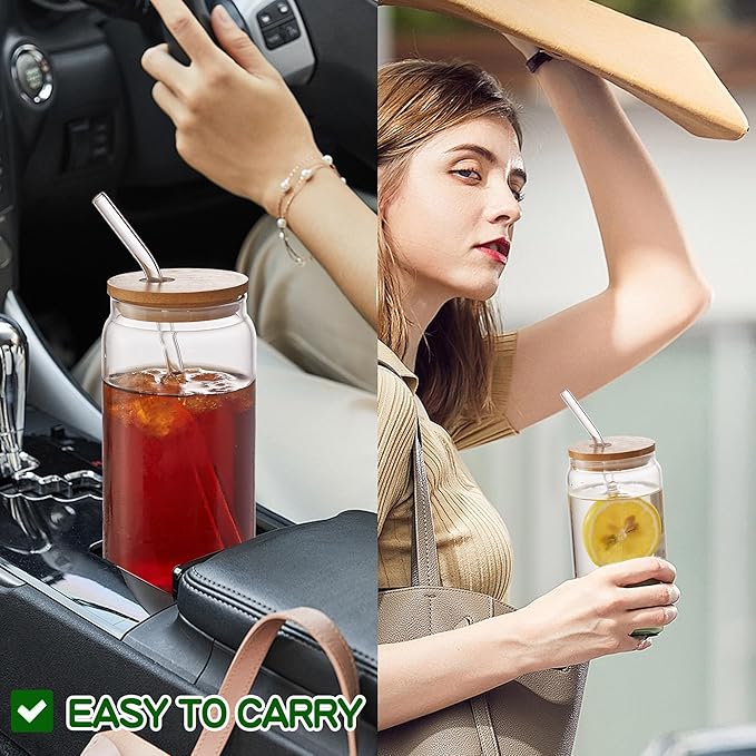 6pcs Set-16oz, Glass Cups with Bamboo Lids and Glass Straw - Beer Can Shaped,CuteTumbler Cup,Soda,deal for Cocktail,Iced Coffee Cups,6 Cleaning Brushes glass cups with lids and straws