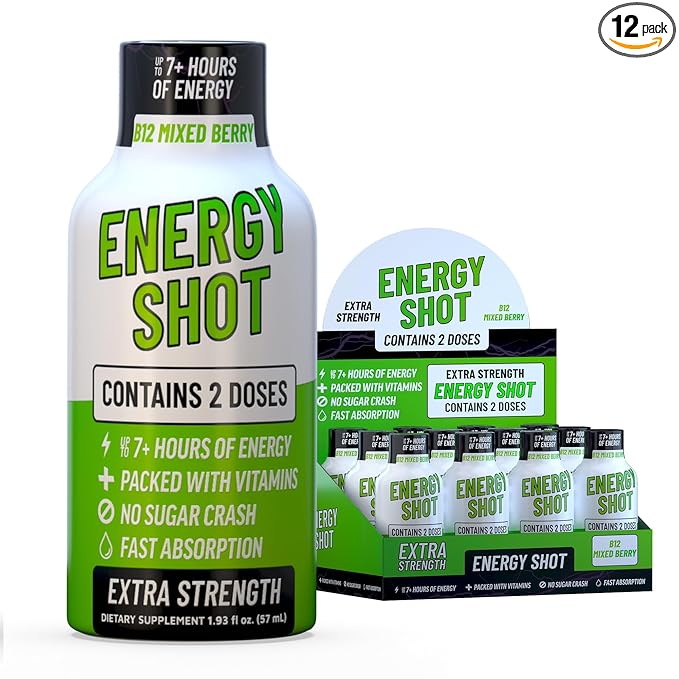B12 Mixed Berry Extra Strength Energy Shot 12 pk – 260mg Natural Caffeine B12 B6 – Energy & Vitality Support – 2 Servings Sugar Free Zero Calorie Green Tea B-Vitamins Electrolytes Vegan – 1.93 fl oz