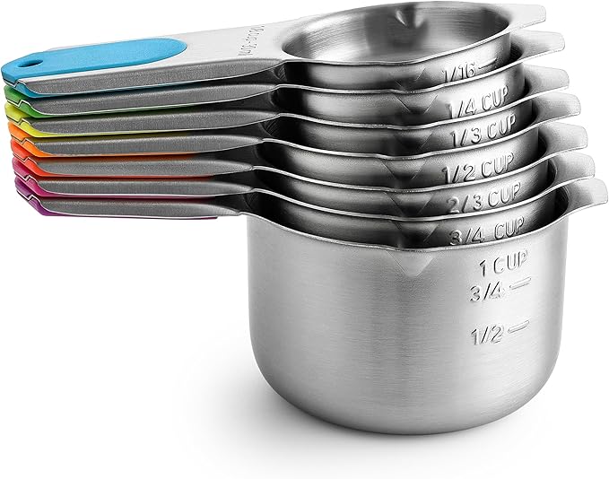 Spring Chef Magnetic Stainless Steel Measuring Cups (Patent Pending), Kitchen Tools with Easy to Read Markings for Measuring Dry or Liquid Ingredients, Set of 7, Neon