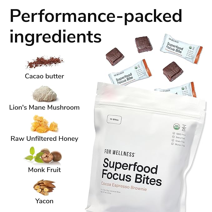 For Wellness Superfood Focus Bites (10 Count), Cocoa Espresso Brownie – Reduces Fatigue, Improves Digestion & Support Brain Function