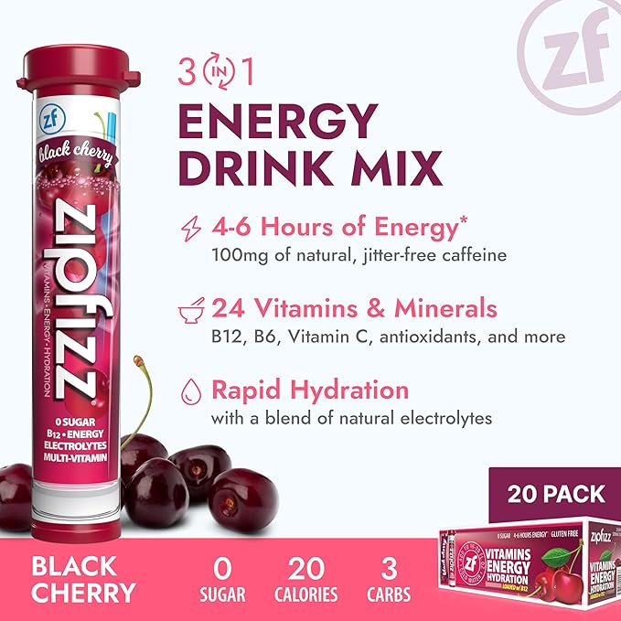 Zipfizz Daily Energy Drink Powder, Black Cherry, 20 Pack | 3-in-1 Sustained Energy, Rapid Hydration, and Essential Vitamins | Sugar-Free | Electrolyte Powder | Contains Vitamin B-12 & Antioxidants