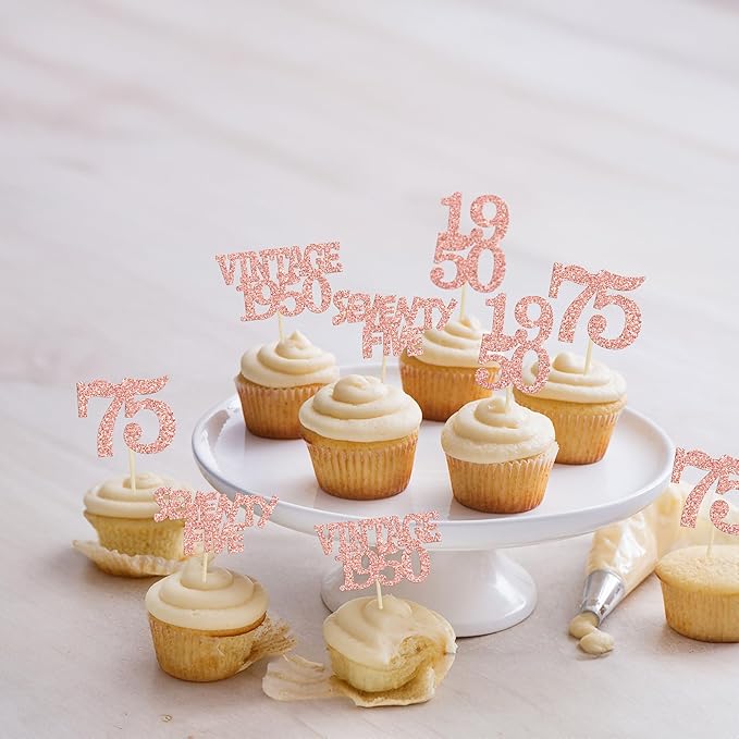 Gyufise 24Pcs 75th Birthday Cupcake Toppers Glitter Cheers to 75 Fabulous Seventy Five Vintage 1950 Cupcake Picks 75th Birthday Wedding Anniversary Party Cake Decorations Supplies Rose Gold