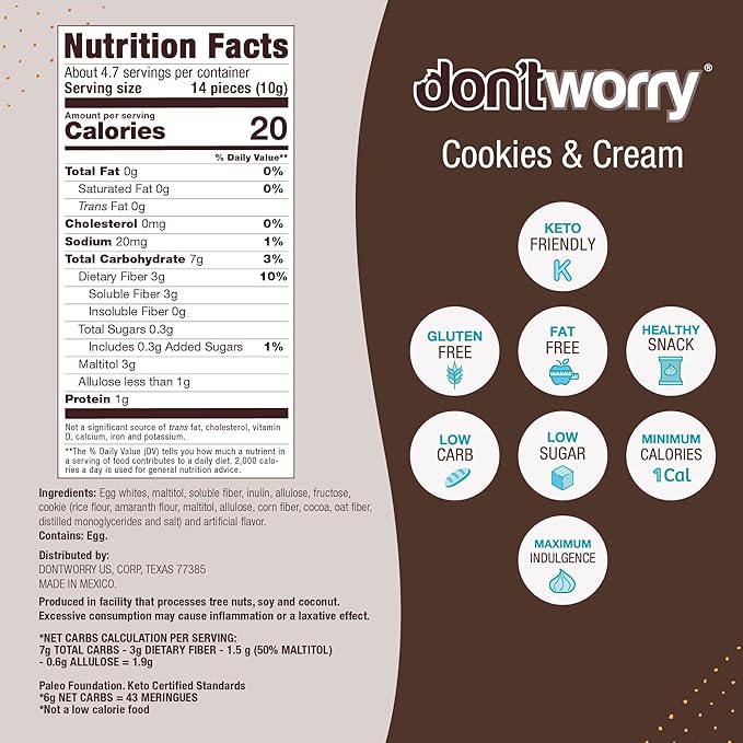 Don't Worry Low Calorie Meringue Cookies - 4 Pack - Cookies & Cream, Just 1 Calorie per Piece | Low Sugar Candy, Gluten Free, Protein Snacks | Keto Friendly and Healthy Snacks for Adults
