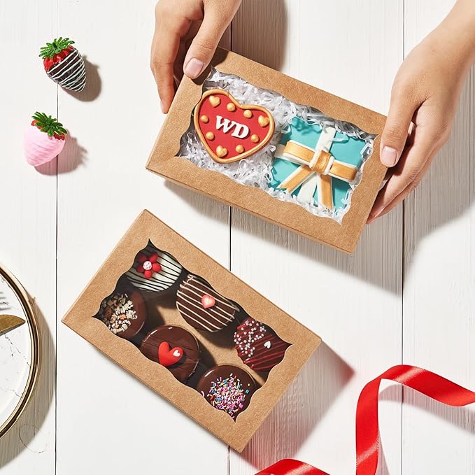 20pcs 7x4.33x1.5 Inch Borwn Cookies Boxes with Window Bakery Boxes Macaron Box Cakesickle Boxes Chocolate Truffle Donut Treat Box for Christmas Valentine's Easter Mother's Day
