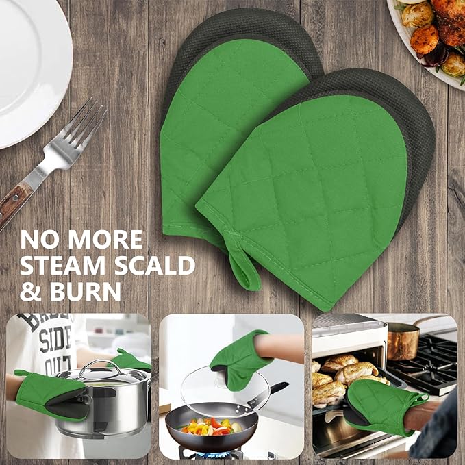 1 Pair Short Oven Mitts - Silicone Kitchen Oven Gloves High Heat Resistant 500℉, Mini Oven Mits with Non-Slip Grip Surfaces and Hanging Loop for BBQ, Baking, Cooking and Grilling (Green)