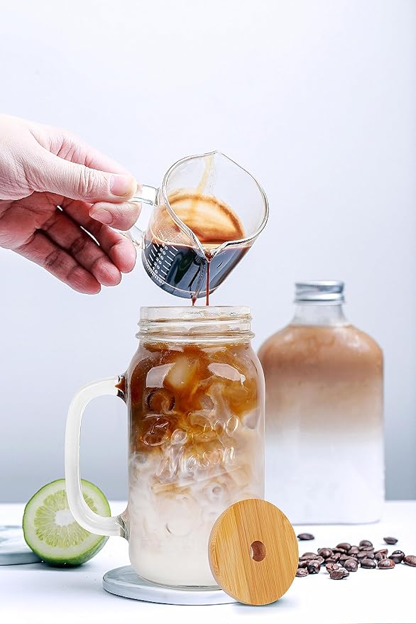 ANOTION Mason Jars Tumbler with Handle - Glass Cups with Lids and Straws Drinking Glasses Coffee Mug Glasses Drinking Set Iced Coffee Cup Smoothie Cup Tea Cup Travel Coffee Mug Water Cup