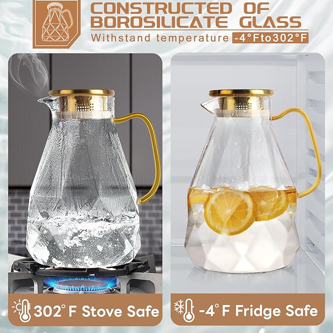 Yirilan Glass Pitcher, 2.4Liter Water Pitcher With Lid, Iced Tea Pitcher for Fridge, Glass Water Carafe With Lid, Glass Water Jug, Large Drink Pitcher For Juice, Milk, Cold Or Hot Beverages, 2400ML