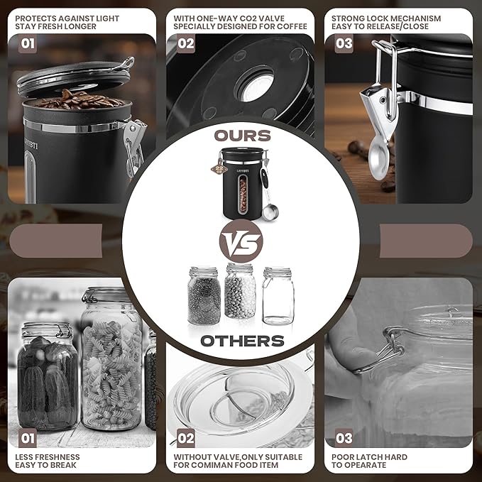 Coffee Canisters with Window,Scoop and Airtight Lid Stainless Steel Kitchen Bean Storage Grounds Container（22OZ/Black)Date Tracker and Scoop for Grounds Coffee Bar Accessories Beans, Cereal, Sugar